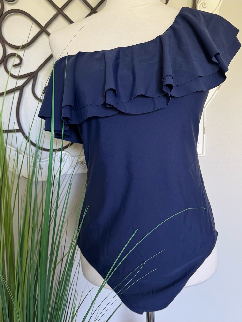 HILOR Size 14 Navy Blue One Shoulder One Piece Swimsuit